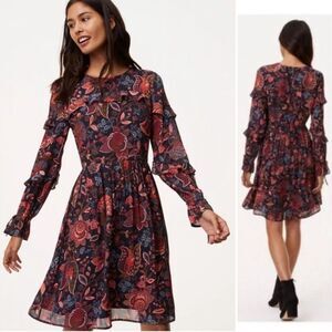 Loft Hydrangea Bouquet Ruffle Boho Long ruffle tie Sleeve Dress Size 2P NWOT